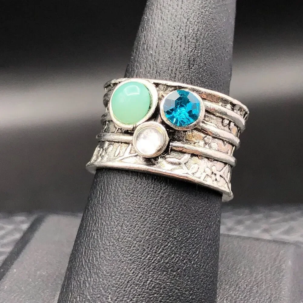 Modern Art Ring‎ Size 7.5 Blue Bezel Set Crystals Textured Silver Tone Wide Band